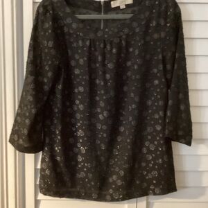 Ann Taylor Loft Black and Silver Polka Dot Sheer Blouse 3/4 Sleeves size Small